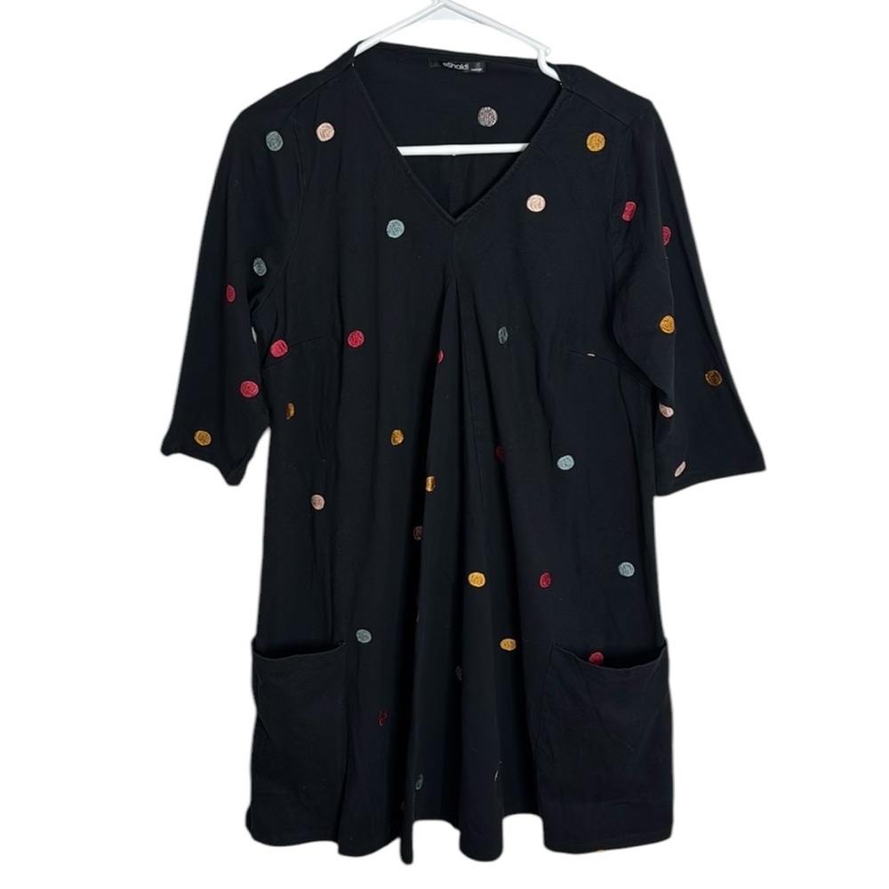 EShakti Custom Black Dress polka dot embroidered V-neck loose tunic